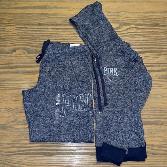 Victoria’s Secret PINK Heather Navy Terry Hoodie and Sweatpants Set - Picture 1 of 14